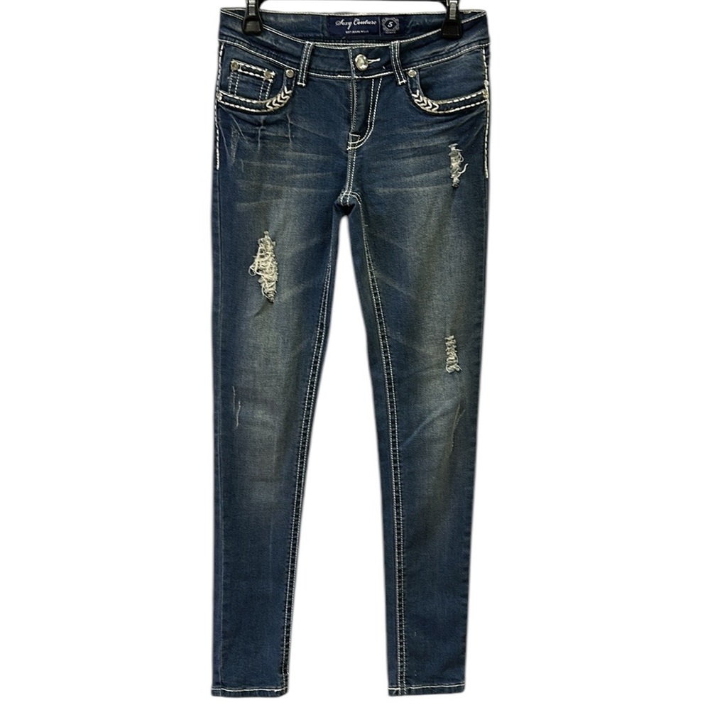 Denim Sexy Couture Mid Rise Embroidered Gem Skinny Stretch Blue Jeans Juniors 5